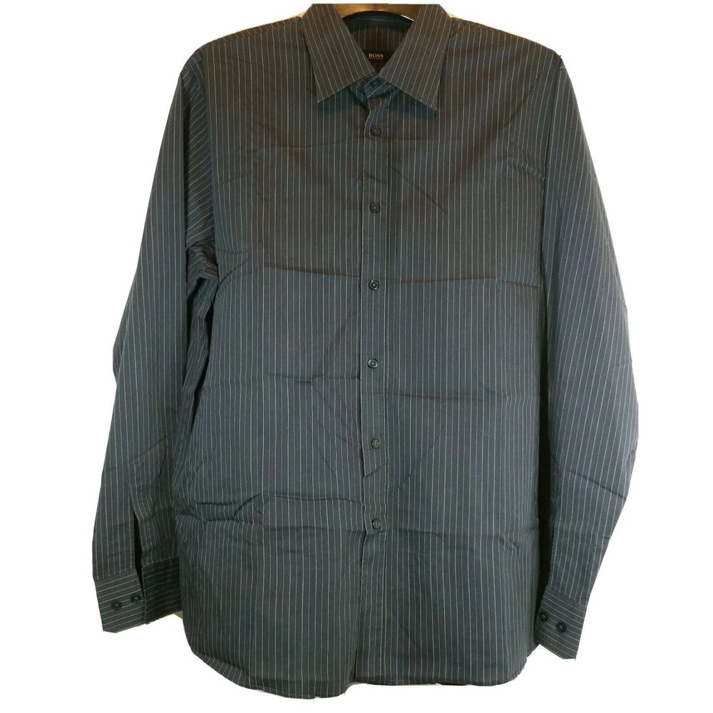 Hugo Boss Men's 17 43 Gray Pinstripe Stretch Fit Button Front Shirt Nice